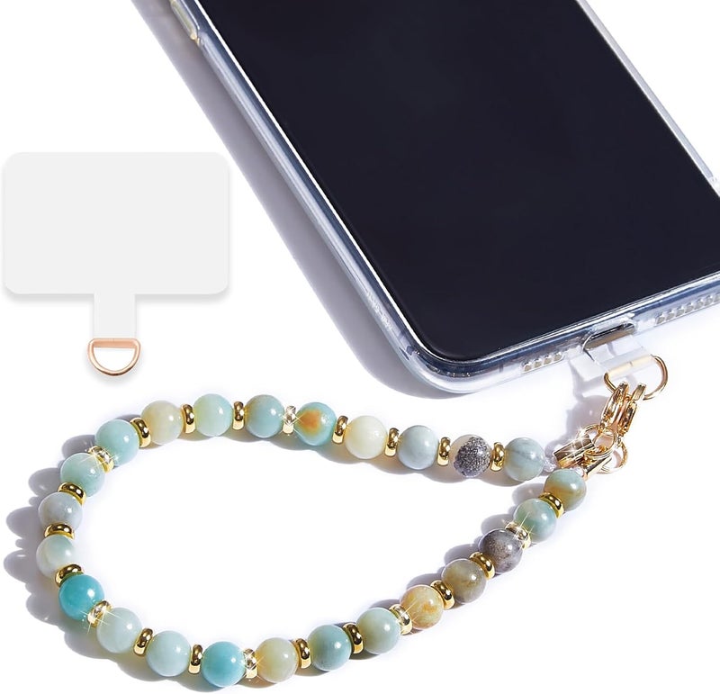 Lostars Store Marble Beaded Phone Wrist Strap,Detachable Phone Bracelet Strap with Tether Tab,Hands-Free Wristlet Strap (Amazonite) - Image 1